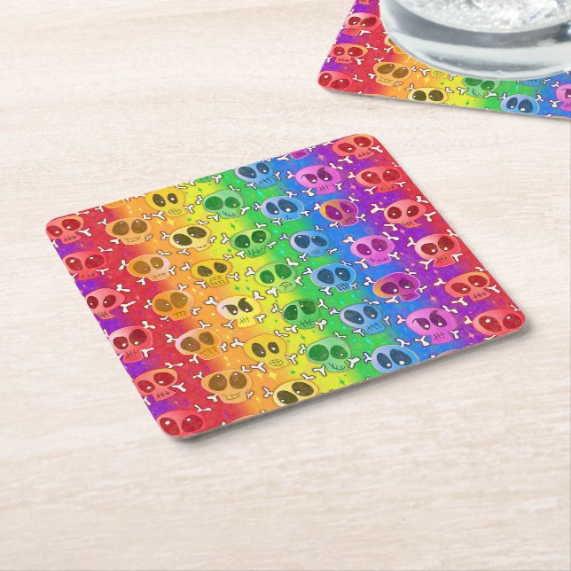 Rainbow Skulls Gay Pride Flag Colours Square Paper Coaster (Angled)