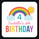 Rainbow Sky White Girls Birthday Party Square Sticker<br><div class="desc">This super cute girl's birthday party favour sticker features a colourful bright rainbow design with fluffy clouds and summer sunshine. Personalise with your child’s name and birthday year. White background with girly rainbow colours: red,  orange,  yellow,  hot pink,  green,  teal,  royal blue and violet purple.</div>