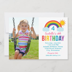 Rainbow Sky White Photo Girls Birthday Party Invitation