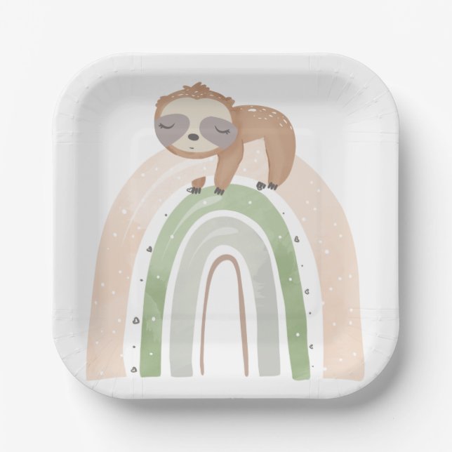Rainbow Sloth Baby Shower Paper Plate (Front)