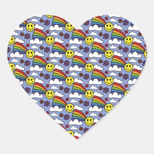 Rainbow Smiley Face and Flowers Hippie Pattern Heart Sticker (Front)