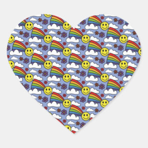 Rainbow Smiley Face and Flowers Hippie Pattern Heart Sticker