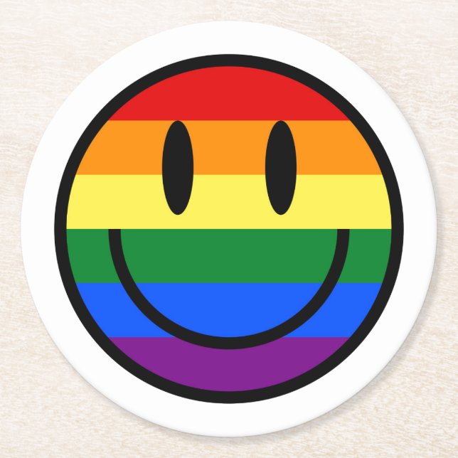 Rainbow Smiley Face Round Paper Coaster (Front)