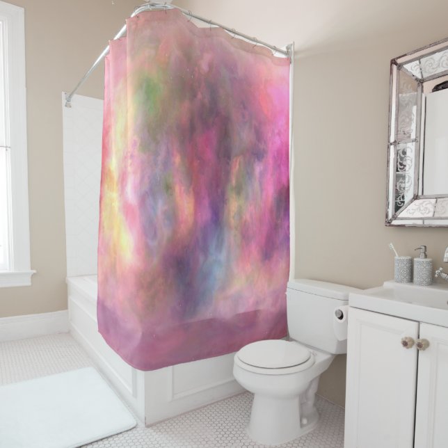 Rainbow Smudge Marbled Abstract Shower Curtain (In Situ)
