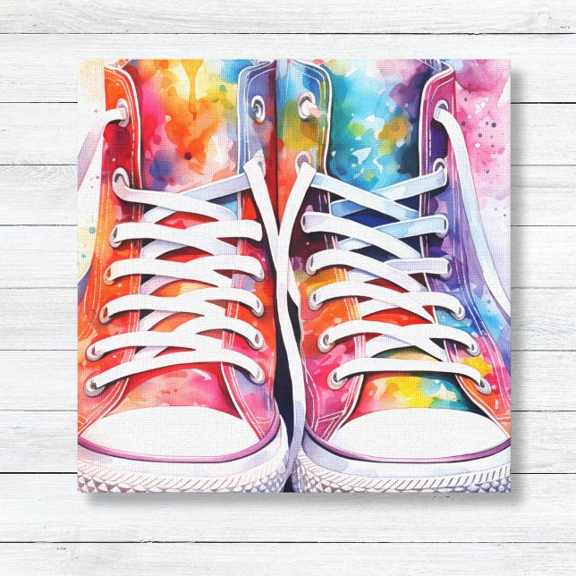 Rainbow Sneakers Watercolor Canvas Print (Rainbow High Top Sneakers Watercolor Wall Art for Kids Decor)