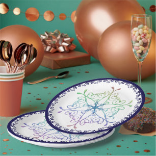 Rainbow Snowflake Blue Trim Holiday Paper Plate
