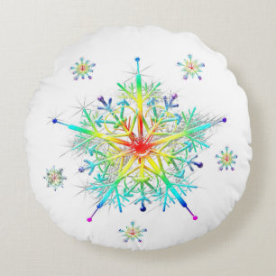 Rainbow Snowflake Ice Crystal Round Cushion