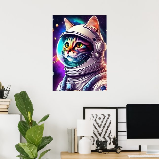 Rainbow Space Cat Astronaut Art Print Poster (Home Office)