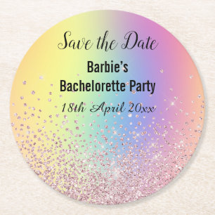 RAINBOW SPARKL ELEGANT SAVE THE DATE  Bachelorette Round Paper Coaster