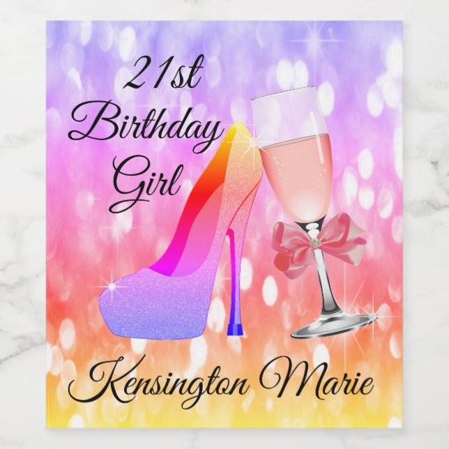 Rainbow Sparkle Birthday Pink Sparkling Wine Label (Single Label)