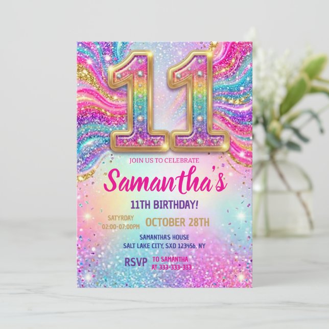 Rainbow Sparkle Glitter 11th Birthday Party  Invitation (Standing Front)