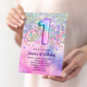Rainbow Sparkle Glitter 1st Birthday Party Invitation