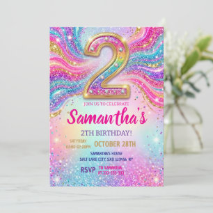 Rainbow Sparkle Glitter 2th Birthday Party Invitation