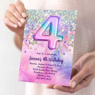 Rainbow Sparkle Glitter 4th Birthday Party Invitation
