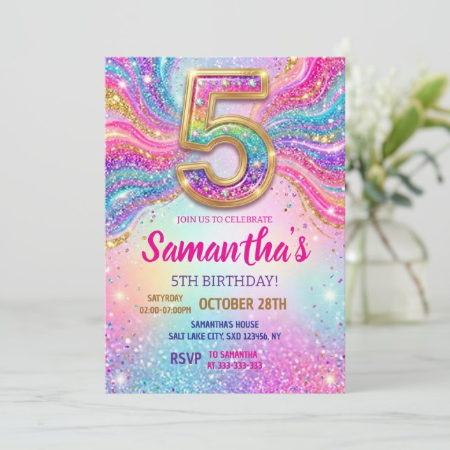 Rainbow Sparkle Glitter 5th Birthday Party Invitation (Standing Front)