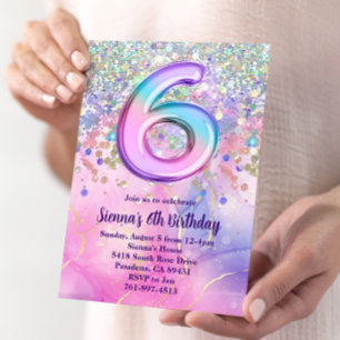 Rainbow Sparkle Glitter 6th Birthday Party Invitation