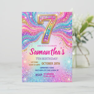 Rainbow Sparkle Glitter 7th Birthday Party Invitation