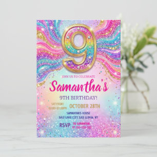 Rainbow Sparkle Glitter 9th Birthday Party  Invitation