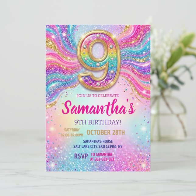 Rainbow Sparkle Glitter 9th Birthday Party  Invitation (Standing Front)