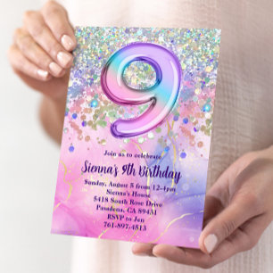 Rainbow Sparkle Glitter 9th Birthday Party Invitation