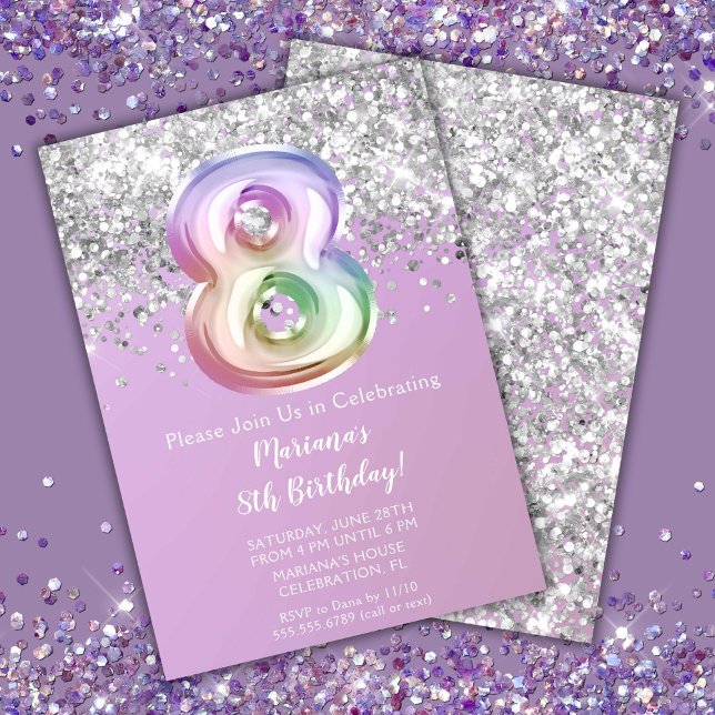 Rainbow Sparkle Glitter Girl 8th Birthday Party Invitation (Creator Uploaded)