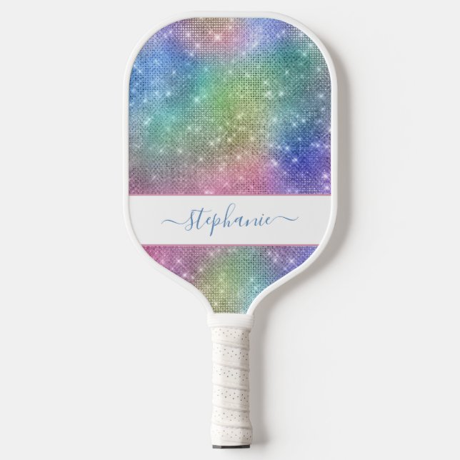 Rainbow Sparkle Glitter Girly Glam Personalised Pickleball Paddle (Front)