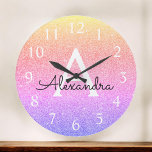 Rainbow Sparkle Glitter Monogram Name<br><div class="desc">Gold,  Pink and Purple Rainbow Pastel Sparkle Glitter Monogram Name and Initial Serving Wall Clock. The Wall Clock makes the perfect gift for someone who loves silver sparkle glitter.</div>