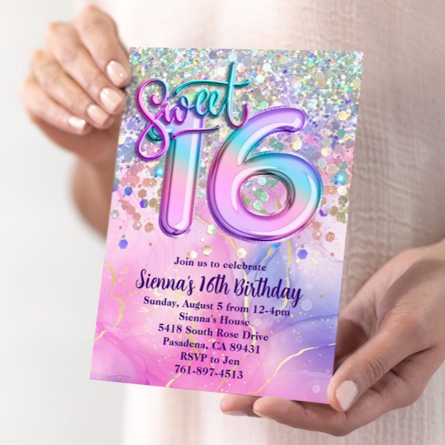 Rainbow Sparkle Glitter Sweet 16 Birthday Party Invitation (Creator Uploaded)
