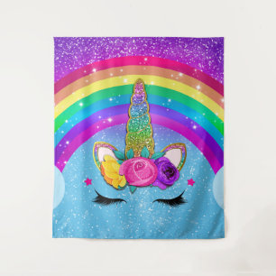 Rainbow Sparkle Glittery Unicorn Horn Face Girls Tapestry