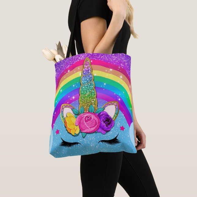 Rainbow Sparkle Glittery Unicorn Horn Face Girls Tote Bag (Close Up)
