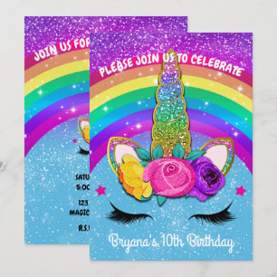 Rainbow Sparkle Glittery Unicorn Horn Face Party Invitation