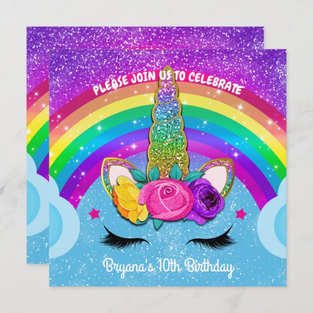 Rainbow Sparkle Glittery Unicorn Horn Face Party Invitation (Front/Back)