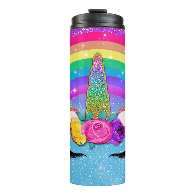 Rainbow Sparkle Glittery Unicorn Horn Face Thermal Tumbler (Front)
