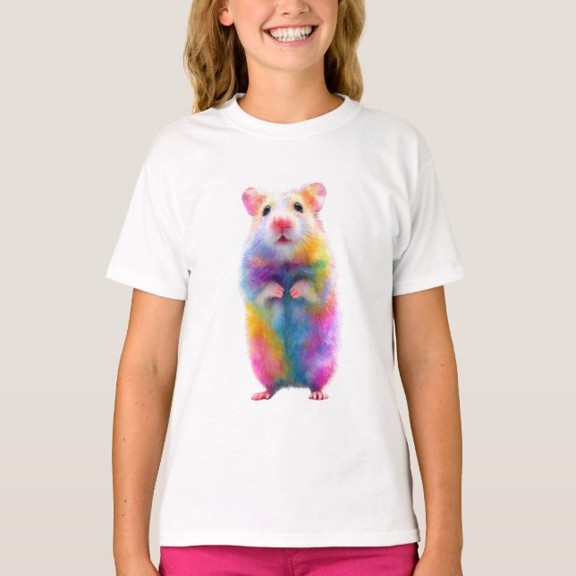Rainbow Sparkle Hamster Illustration Kids T-Shirt (Front)