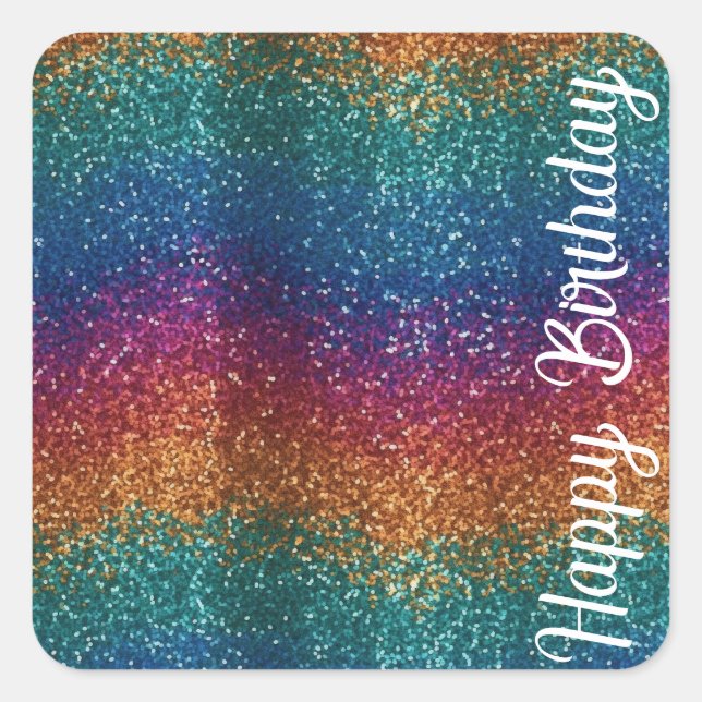 Rainbow Sparkle Metallic Elegant Happy Birthday Square Sticker (Front)