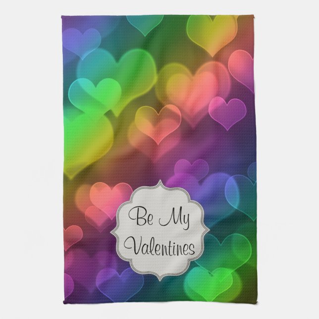 Rainbow Spectrum Hearts Valentines Tea Towel (Vertical)