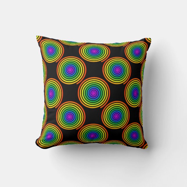 Rainbow Spiral Pattern on Black Background Cushion (Front)