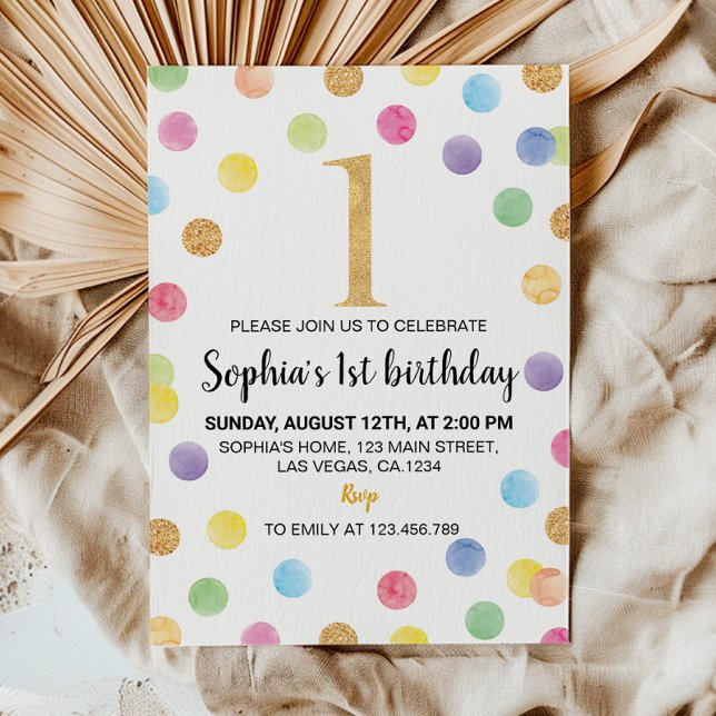 Rainbow Spot 1st Birthday Invitation Polka Dots (Creator Uploaded)