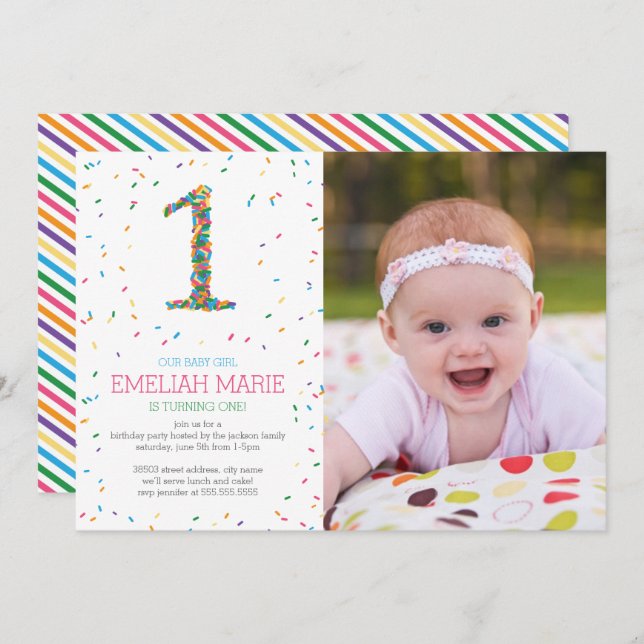 Rainbow Sprinkles 1st Birthday Party Invite (Front/Back)