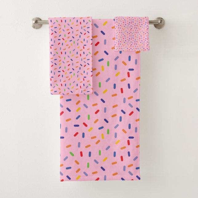 Rainbow Sprinkles Colourful Confetti Light Pink Bath Towel Set (Insitu)