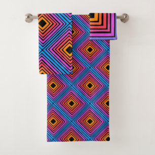 Rainbow Squares Geometric Tile Pattern Neon Bath Towel Set