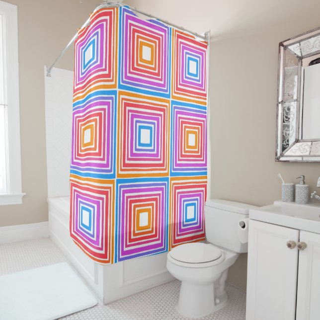Rainbow Squares Geometric Tile Pattern Shower Curtain (In Situ)