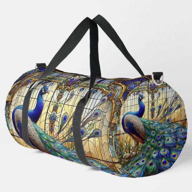 Rainbow Stained Glass Peacock Large Duffel Bag (Left Corner)