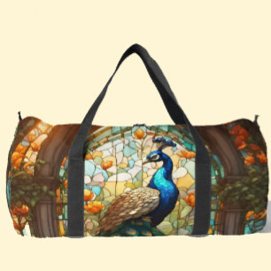 Rainbow Stained Glass Peacock Large Duffel Bag
