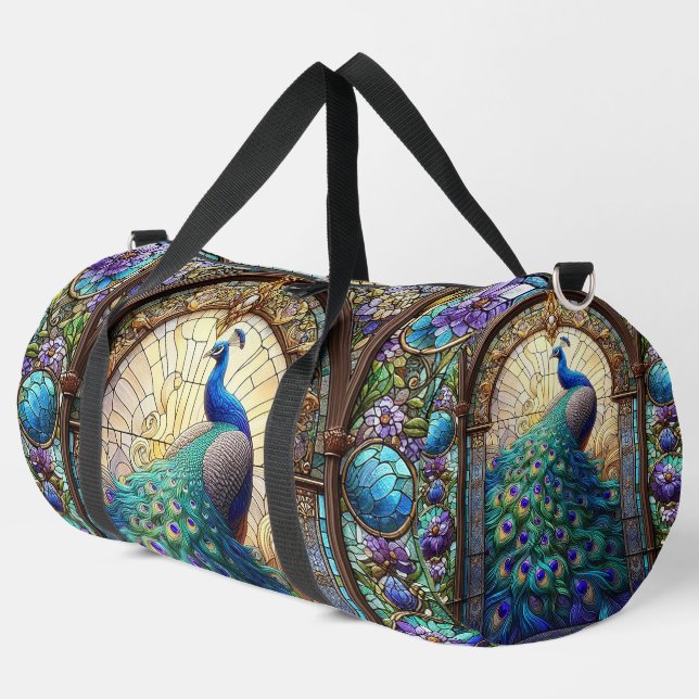 Rainbow Stained Glass Peacock Large Duffel Bag (Left Corner)