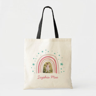 Rainbow star girly pink aqua photo elegant modern tote bag