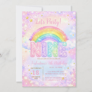 Rainbow Star Pink Purple 9th Birthday Party Invitation