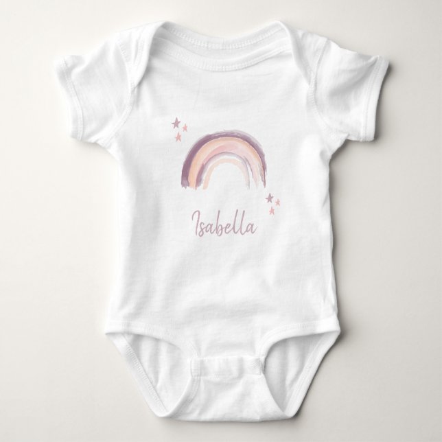  Rainbow  & Stars Boho Muted Pink Baby Name   Baby Bodysuit (Front)