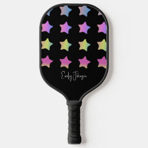 Rainbow Stars Gradient Black Script Name  Pickleball Paddle