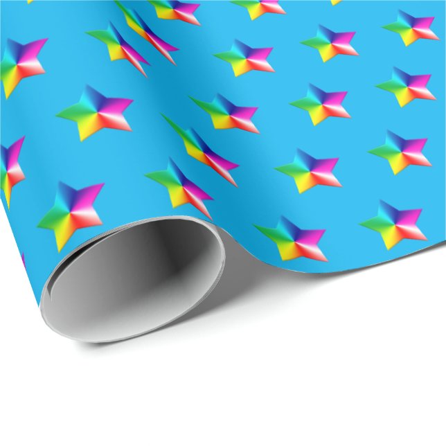 rainbow stars on aqua wrapping paper (Roll Corner)
